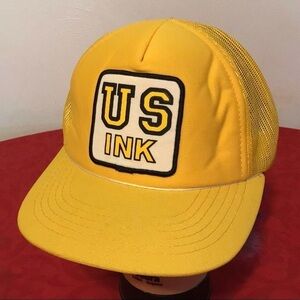 VINTAGE "US INK" Patch Yellow Snapback Foam w Mesh Baseball Cap Trucker Hat READ